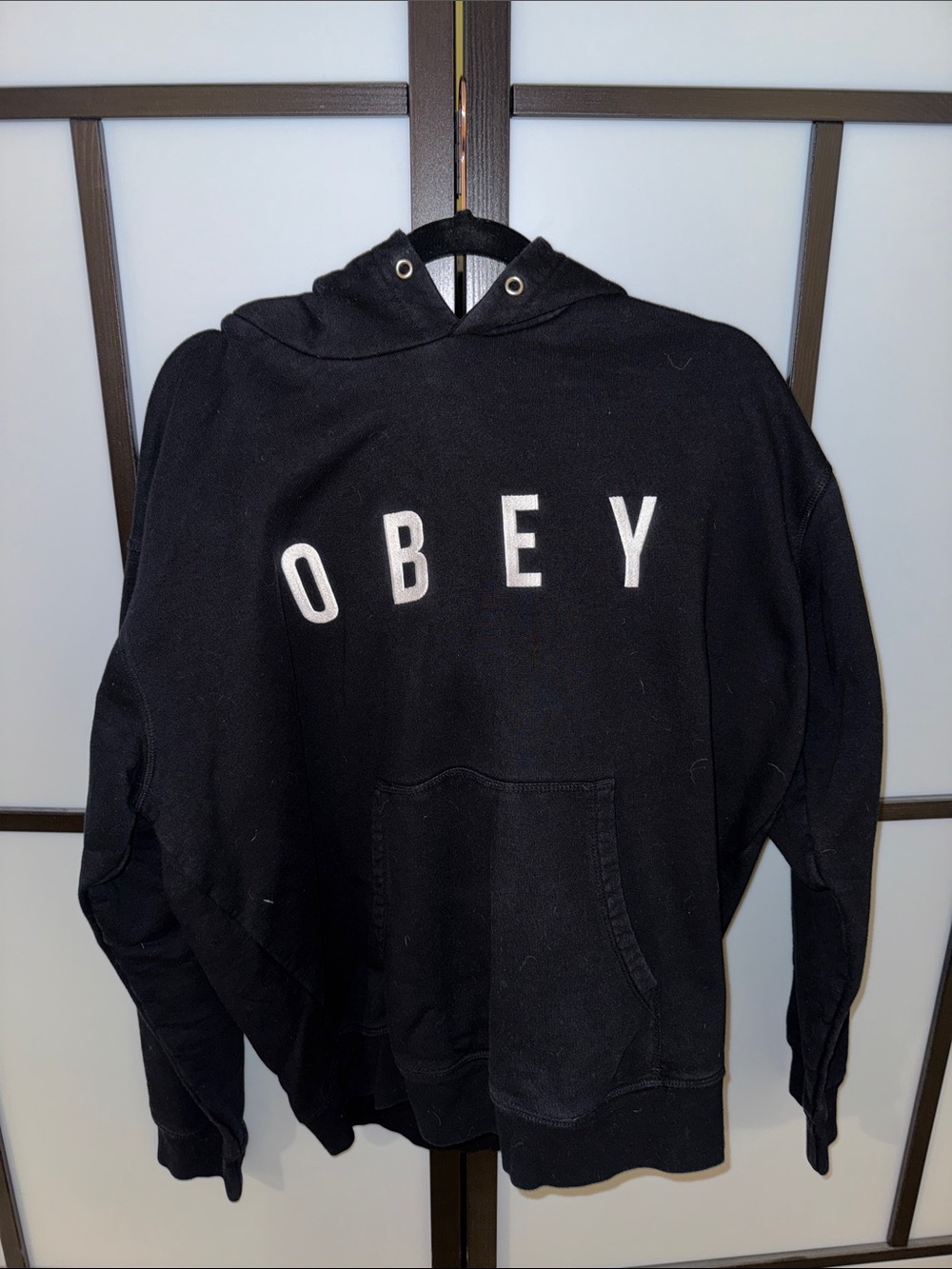 OBEY Black Hoodie with White Lettering - Size L